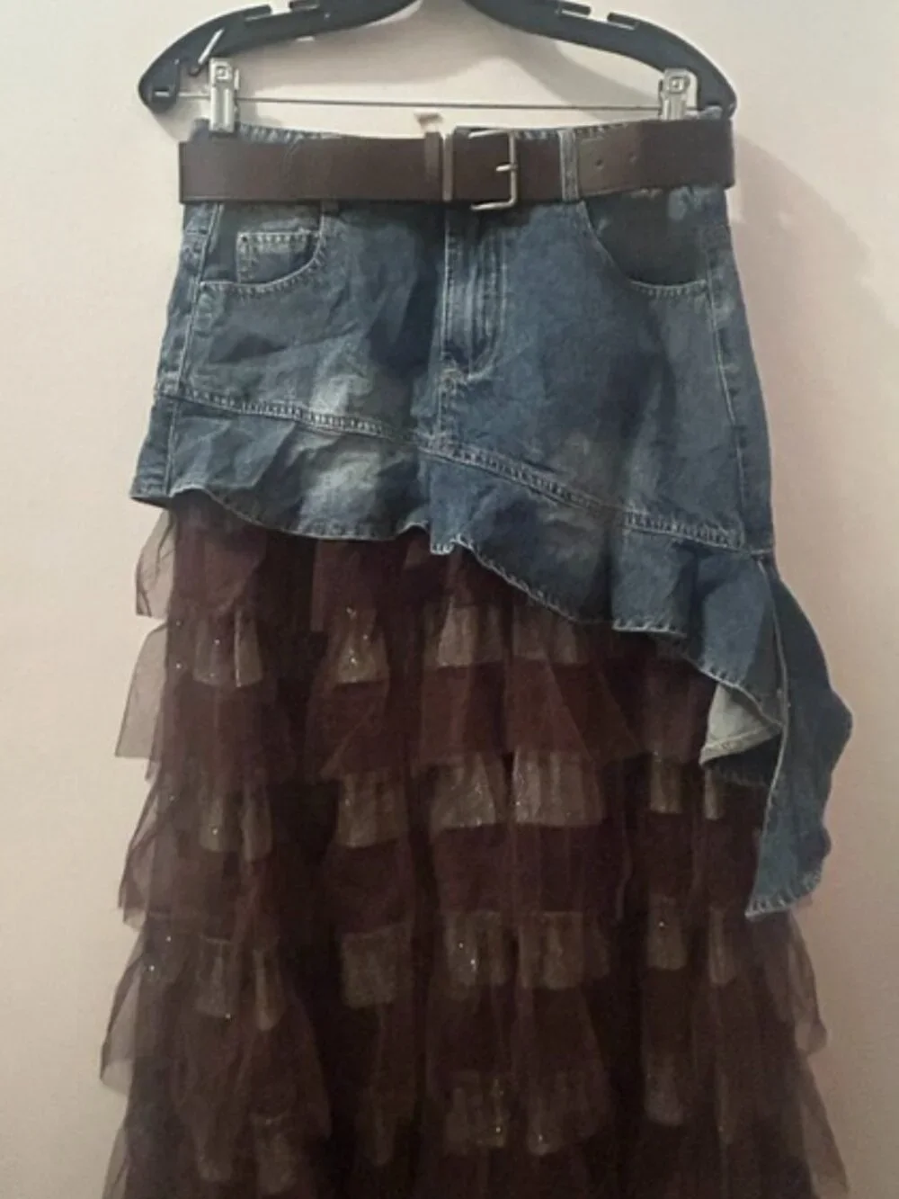 Luxe & Leather by Madonna & Co Lush Brown Tulle-Denim Belted Glitter Skirt NEW